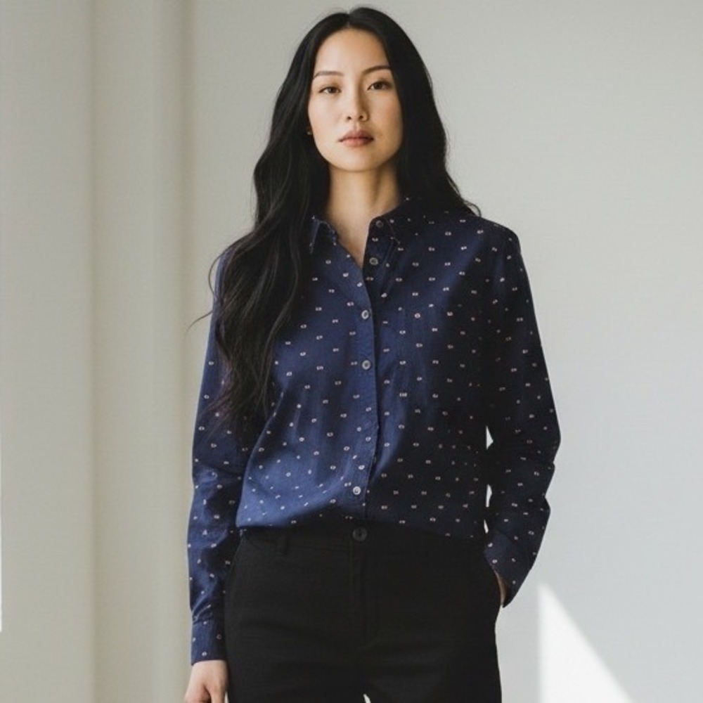 Maeve Anthropologie Navy Blue Embroidered Dot Cotton Roll Tab Button Down - Sz 8